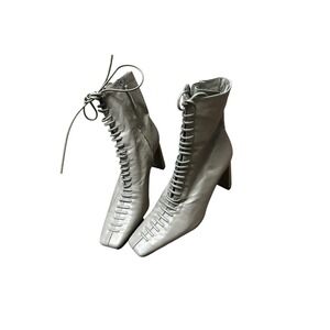 ZARA Grey Leather Lace Up Square Toe Block Heel Ankle Boots 1136/610/032 EU 38
